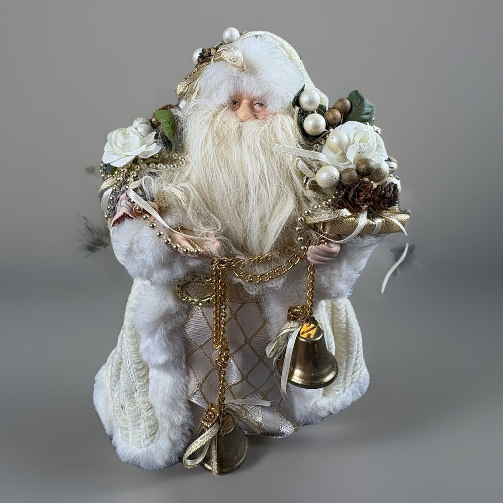 Vintage Y2K Santa Claus Christmas Figure or Tree Topper 12 White Gold Bells 90s - Picture 1 of 11